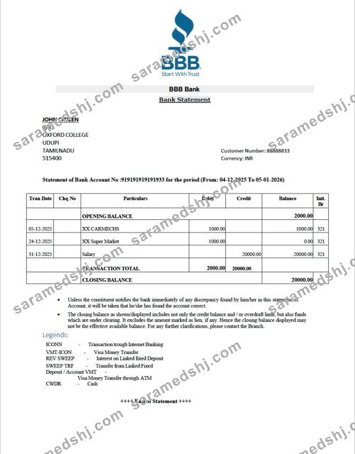 India BBB Bank statement Word and PDF template